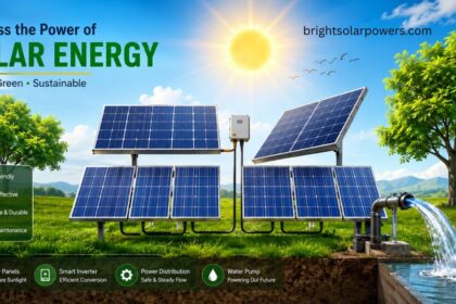 Solar energy is renewable, shown by solar panels generating clean energy.