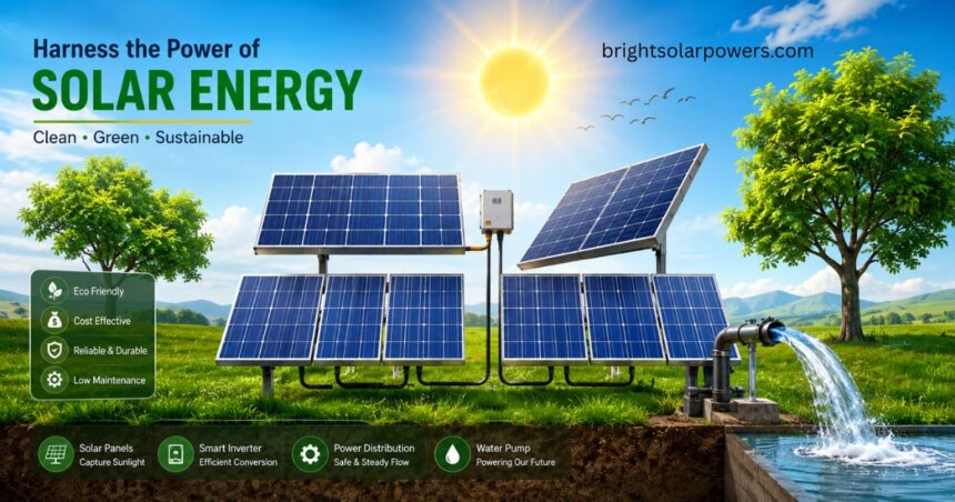 Solar energy is renewable, shown by solar panels generating clean energy.