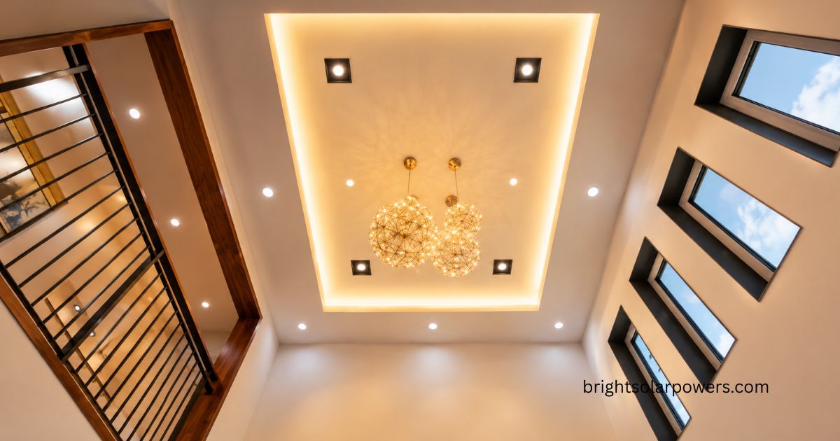Modern new ceiling design with LED lights and elegant chandelier.