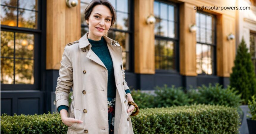 Short coat worn by a woman in a stylish outdoor setting.