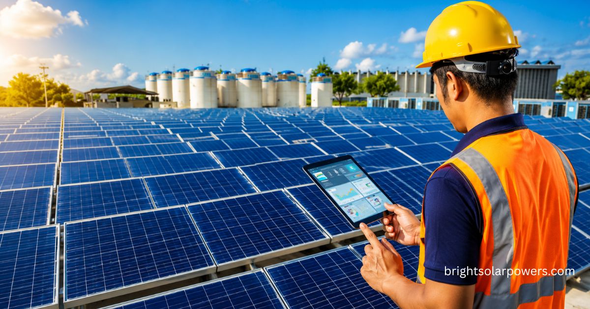 Smart solar panels monitored with a tablet at a solar farm for efficient energy management.