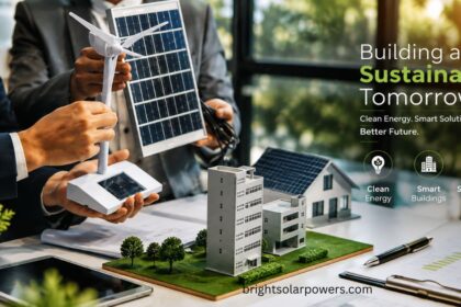 Smart solar technologies with solar panels, wind energy model, and sustainable smart building solutions.