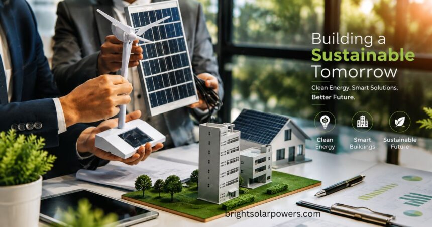 Smart solar technologies with solar panels, wind energy model, and sustainable smart building solutions.