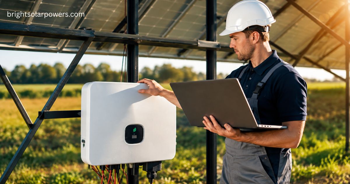 Technician inspecting a solar inverter using smart solar technologies for renewable energy.