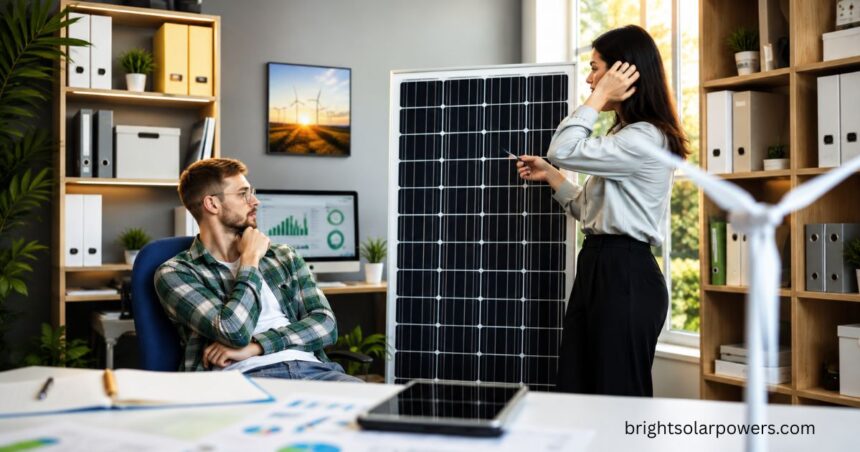 Solar cell working principle with solar panel technology explained in an office setting.