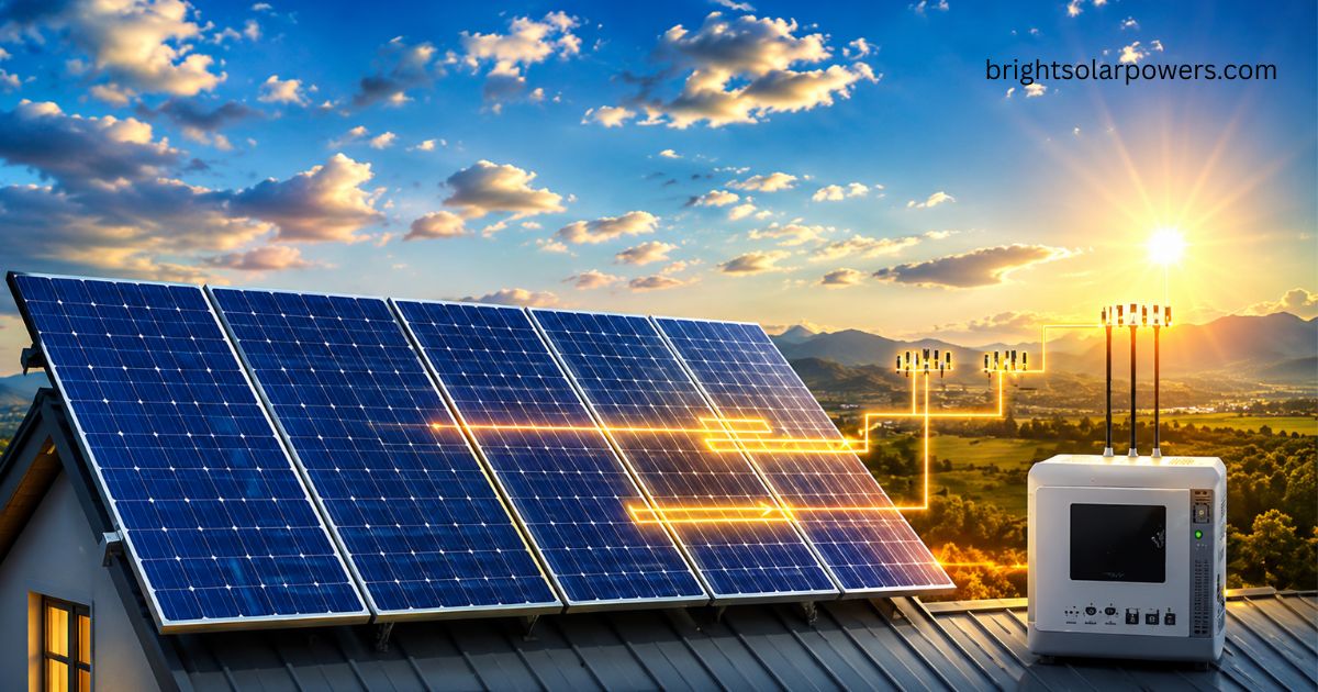 Solar cell working principle showing solar panels converting sunlight into electricity.
