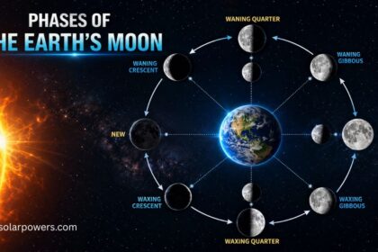 Solar eclipse drawing showing the Moon’s phases and positions around Earth.