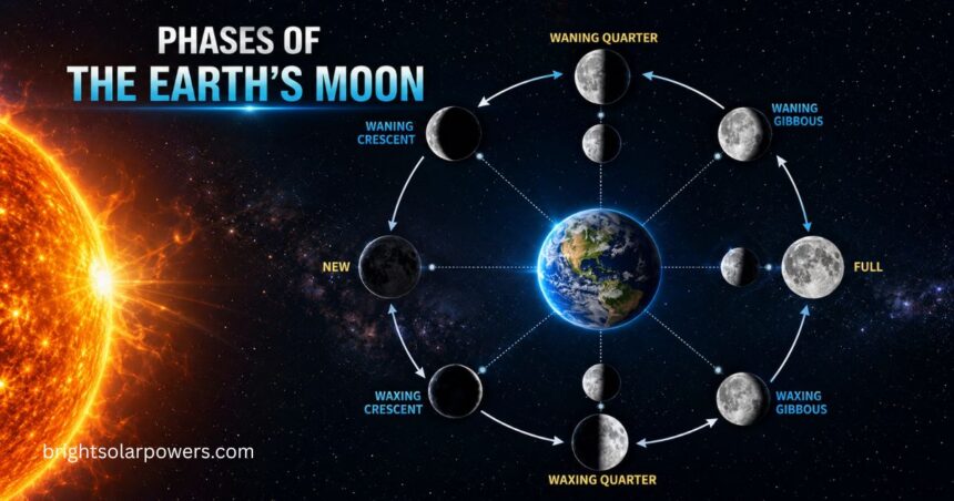 Solar eclipse drawing showing the Moon’s phases and positions around Earth.