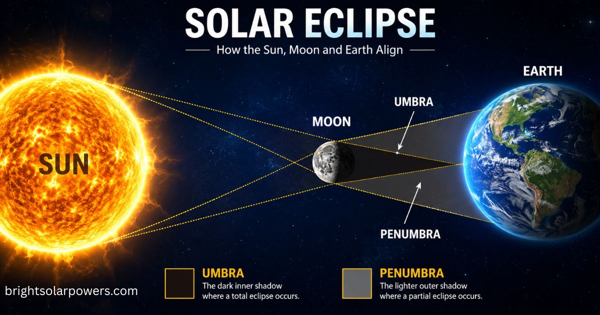 Solar eclipse drawing showing the Sun, Moon, Earth, umbra, and penumbra.