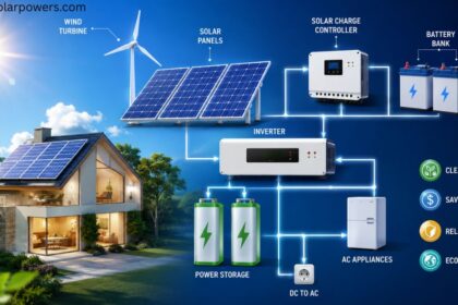 Solar energy diagram showing solar panels, wind turbine, inverter, batteries, and power storage.