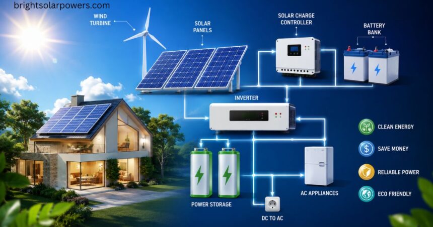Solar energy diagram showing solar panels, wind turbine, inverter, batteries, and power storage.