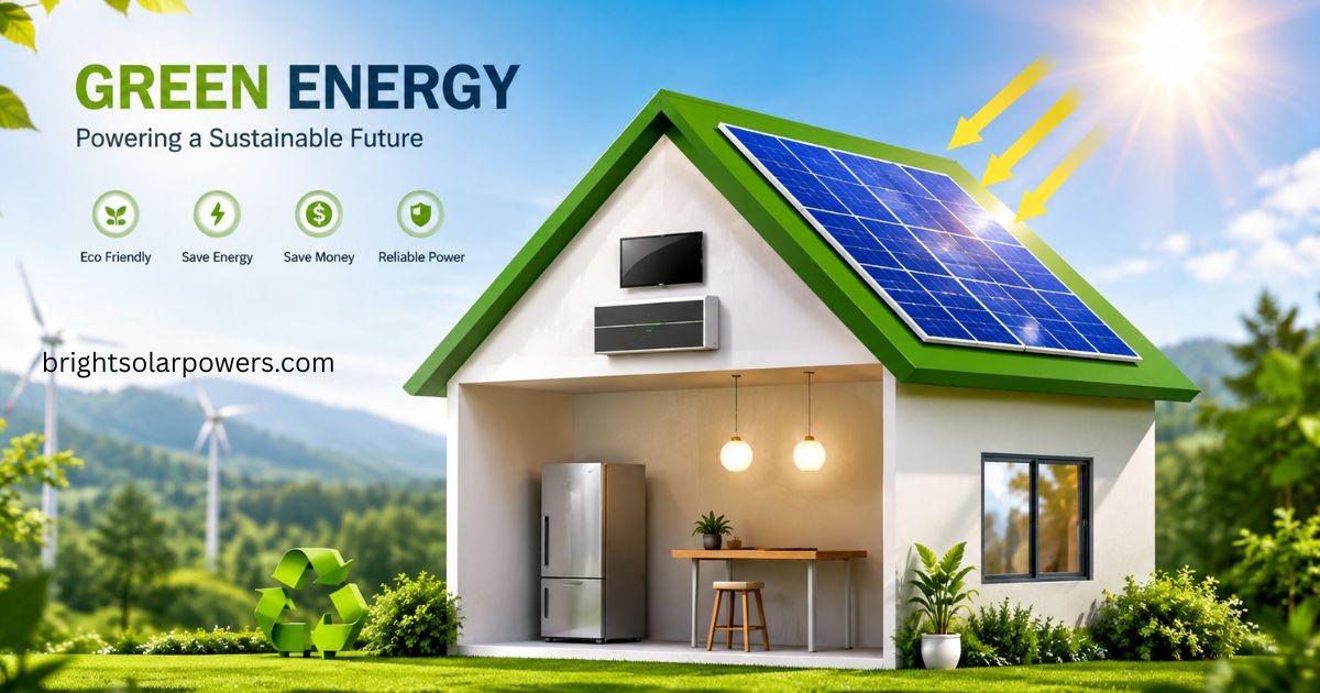 Solar energy diagram showing a home powered by rooftop solar panels.