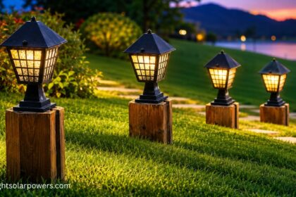 Solar gate lights illuminating a garden pathway at sunset.
