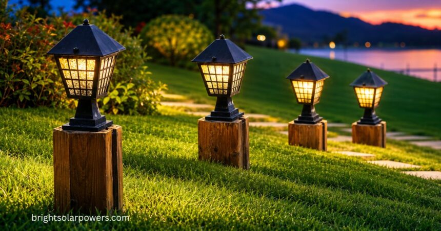 Solar gate lights illuminating a garden pathway at sunset.