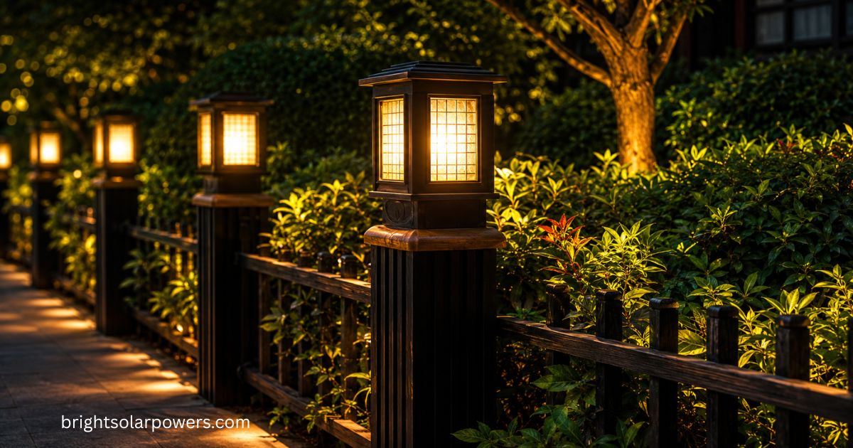 Solar gate lights illuminating a garden fence and pathway at night.