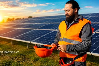 Solar insolation on photovoltaic panels during solar farm inspection under bright sunlight.