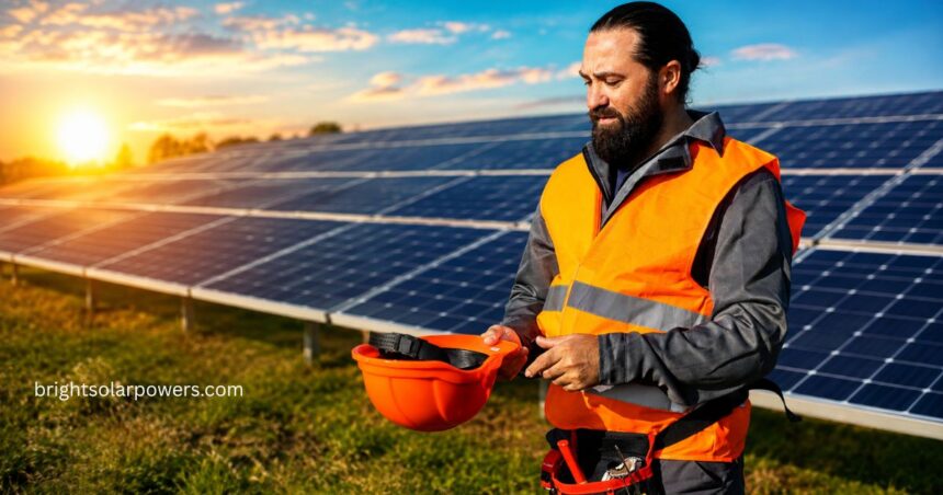 Solar insolation on photovoltaic panels during solar farm inspection under bright sunlight.