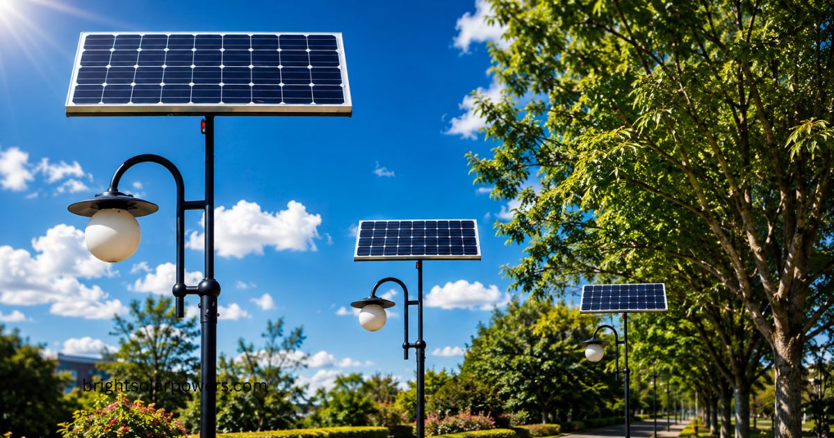 Solar light picture showing solar-powered street lamps in a park.