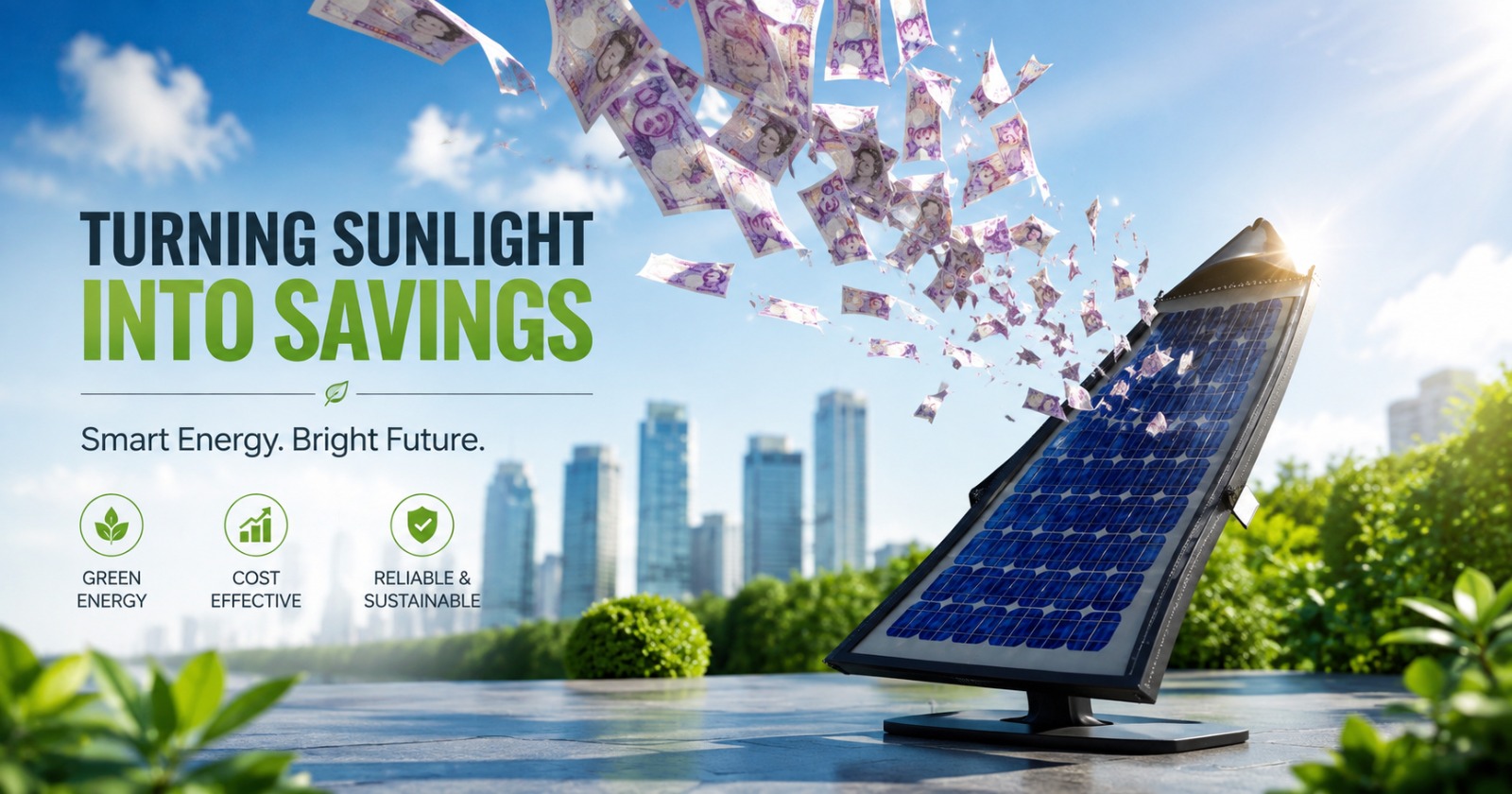 Solar panel cost and savings from renewable energy investment.
