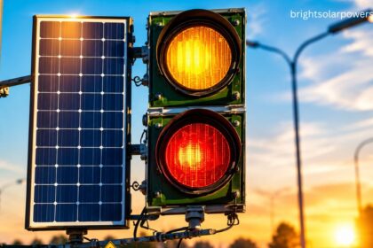 Solar panel lights powering a traffic signal at sunset.