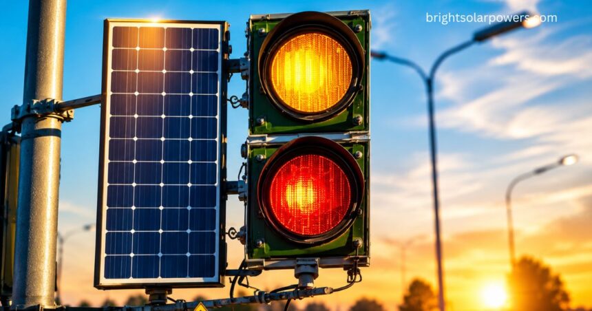 Solar panel lights powering a traffic signal at sunset.