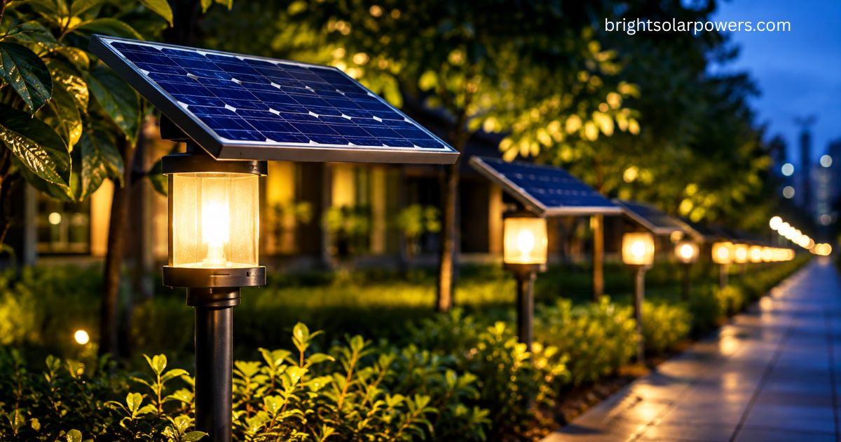 Solar panel lights illuminating a garden pathway at night.