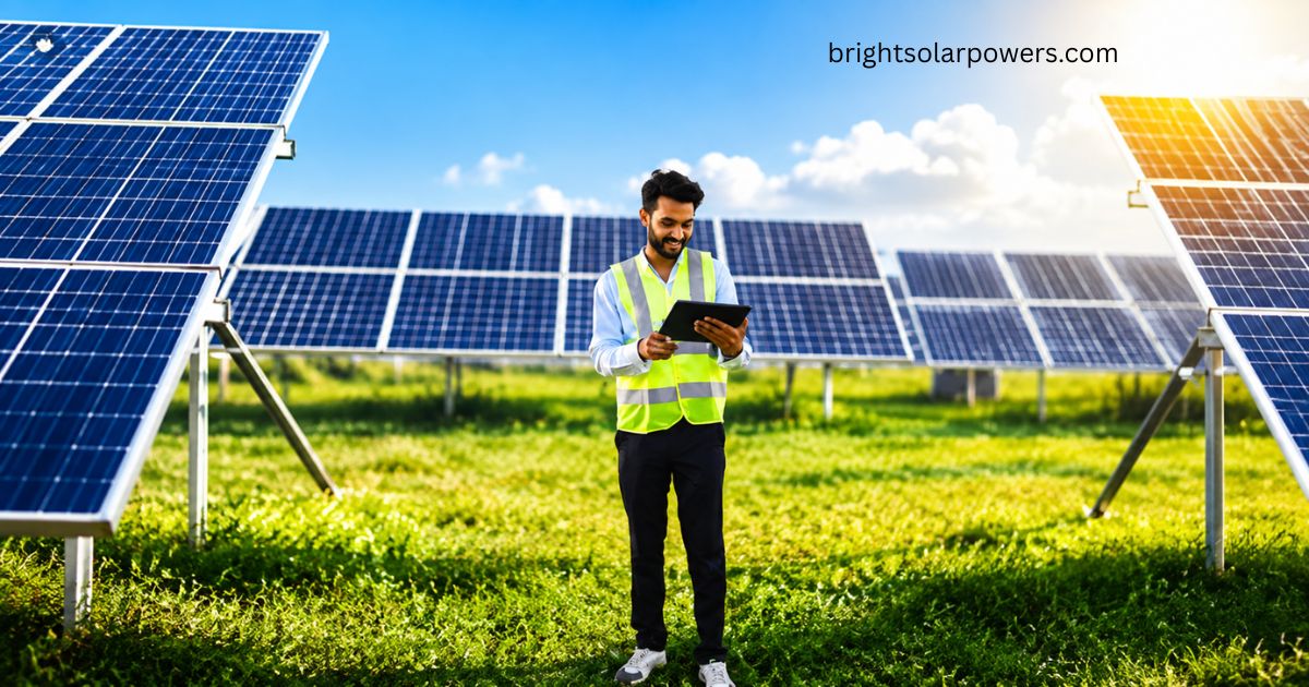 Solar panels near me at a solar farm with an energy technician.