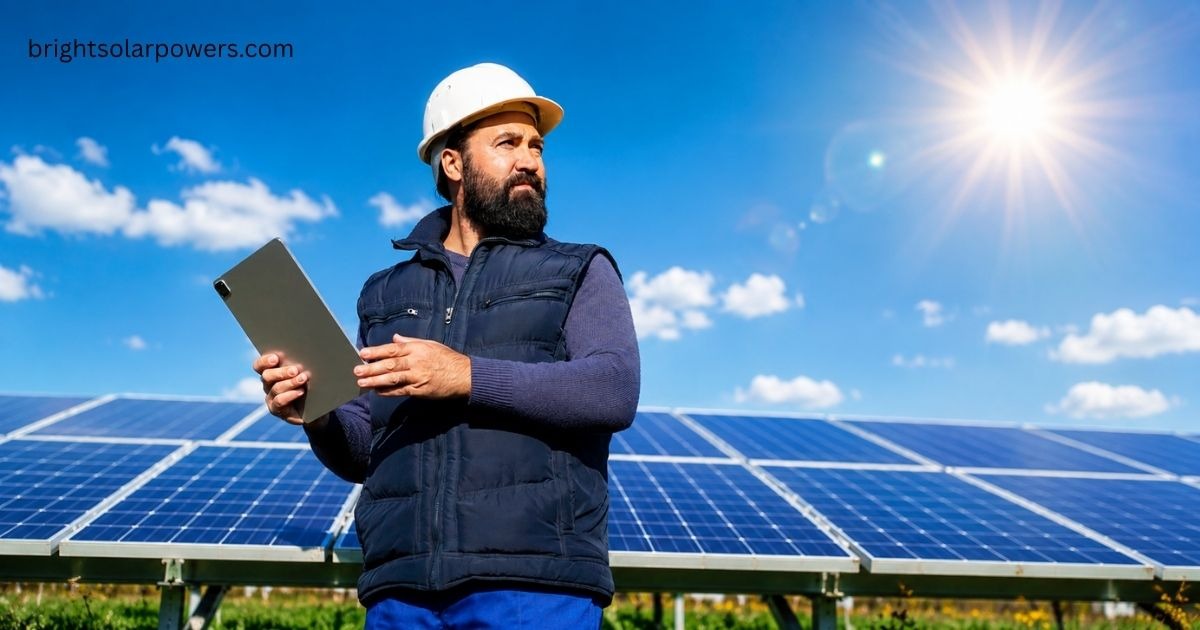Solar panel price Ahmedabad with solar technician inspecting solar panels.