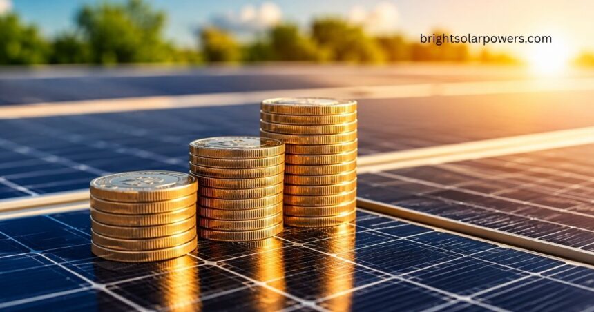 Solar penny stocks investment with solar panels and coins.