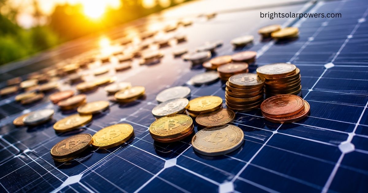Solar penny stocks with cryptocurrency coins on solar panels.