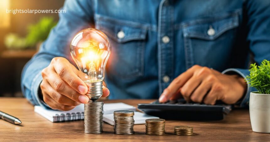 Solar savings concept with a glowing light bulb, coins, and energy-efficient planning.