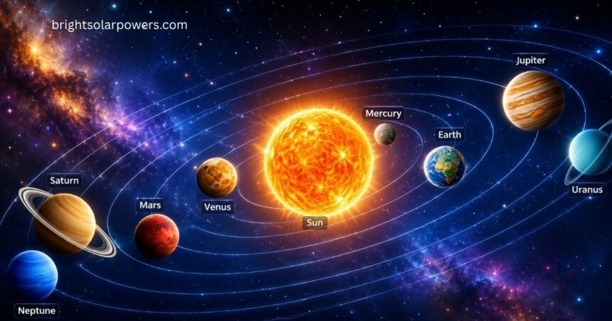 Solar system names and planets orbiting the Sun.