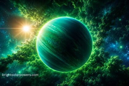 Green planet in the solar system surrounded by stars and sunlight.
