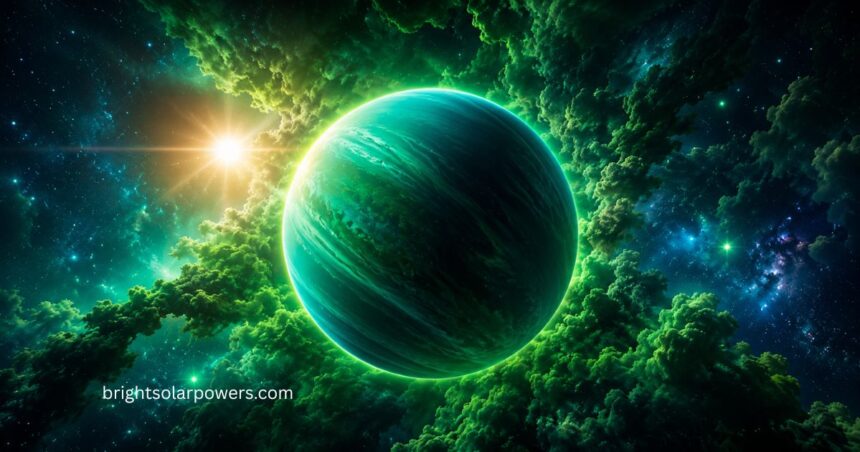 Green planet in the solar system surrounded by stars and sunlight.