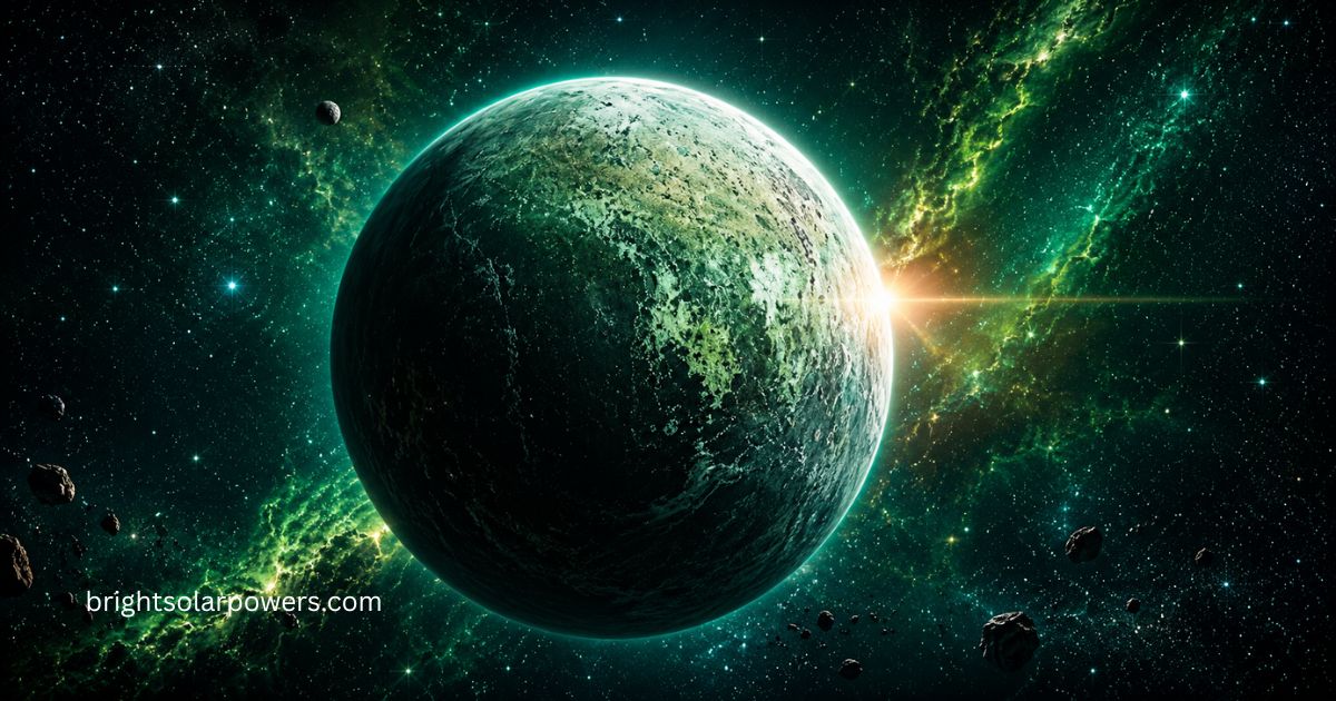 Green planet in the solar system with glowing green space background.