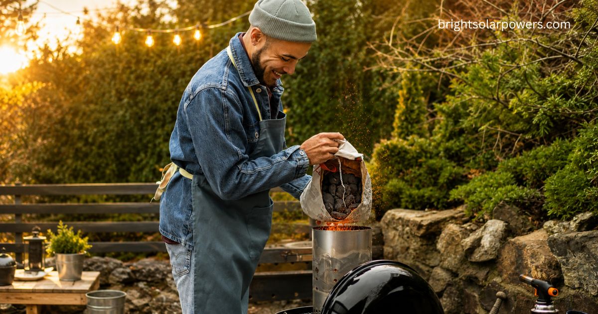 Outdoor cooking setup illustrating the use of reflector in the solar cooker to focus sunlight for efficient heating.