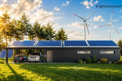 Hybrid solar system with rooftop solar panels and wind turbines powering a modern home.