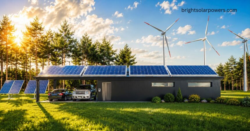 Hybrid solar system with rooftop solar panels and wind turbines powering a modern home.