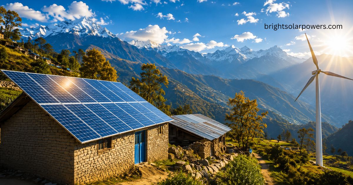 Hybrid solar system with solar panels and wind turbine for renewable energy.