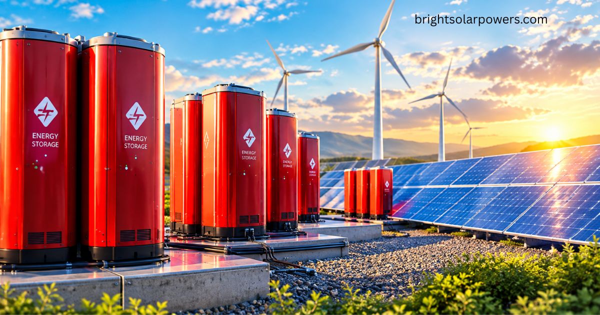 Lithium solar batteries with solar panels and wind turbines for renewable energy storage.