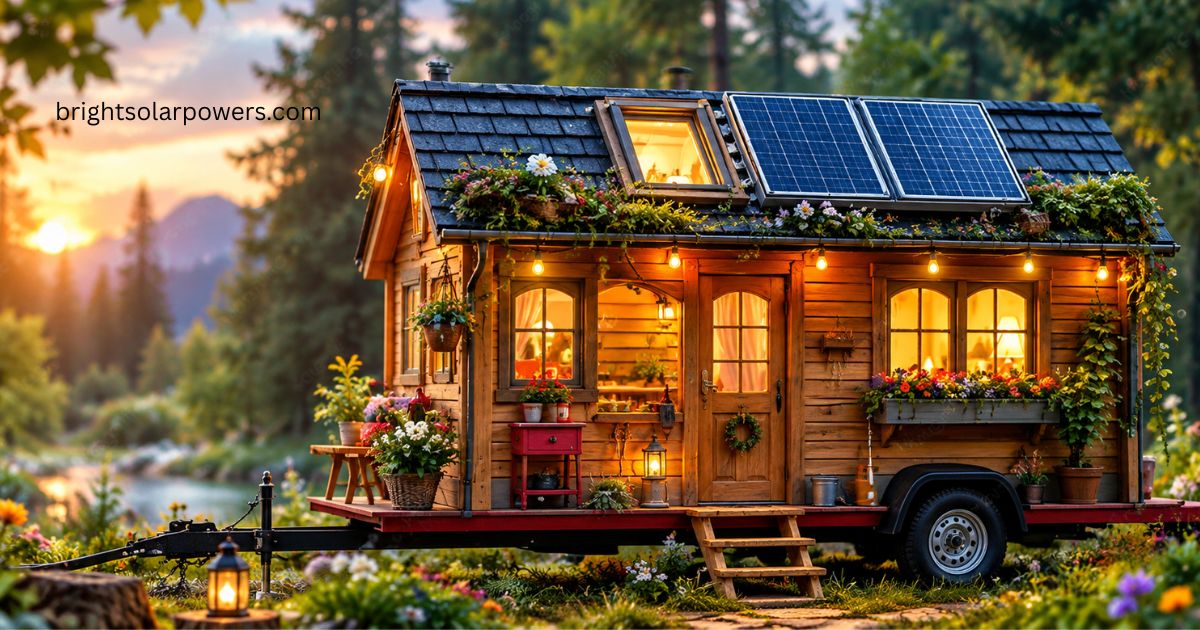 PM Surya Ghar Yojana CG solar panels on an eco-friendly tiny home.
