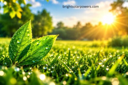 Pure energy concept with fresh green leaves, dewdrops, and sunlight in nature.