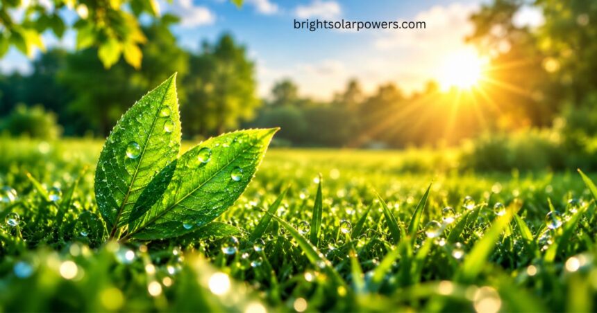 Pure energy concept with fresh green leaves, dewdrops, and sunlight in nature.
