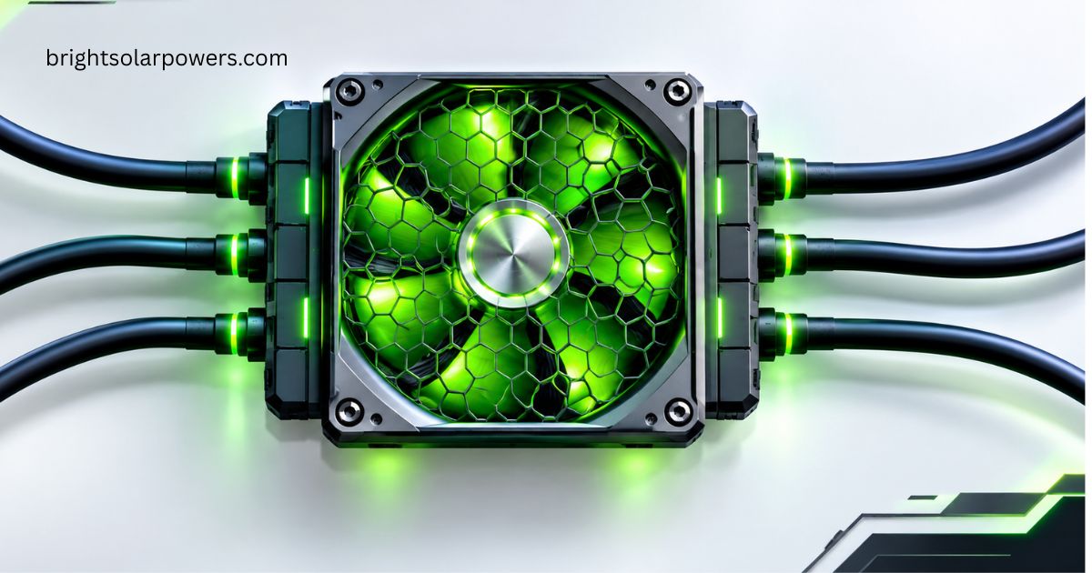 Pure power inverter with green cooling fan and cables.