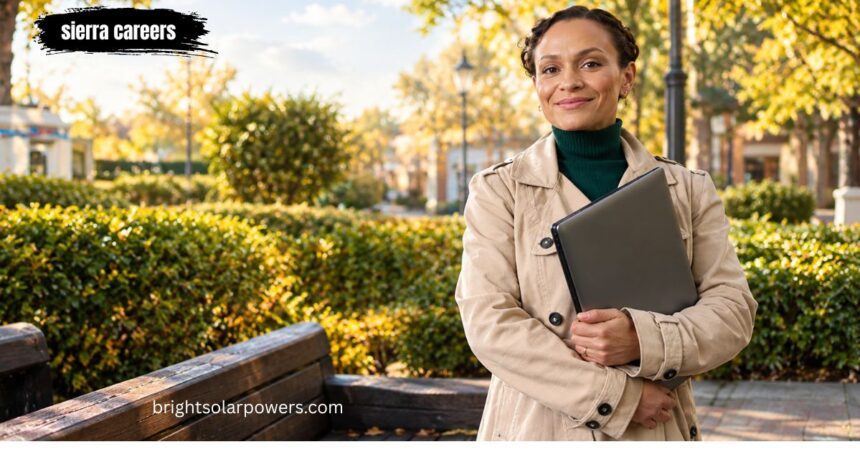 Sierra careers professional woman holding laptop in park.