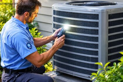 Solar air conditioner price with technician inspecting an energy-efficient outdoor AC unit.