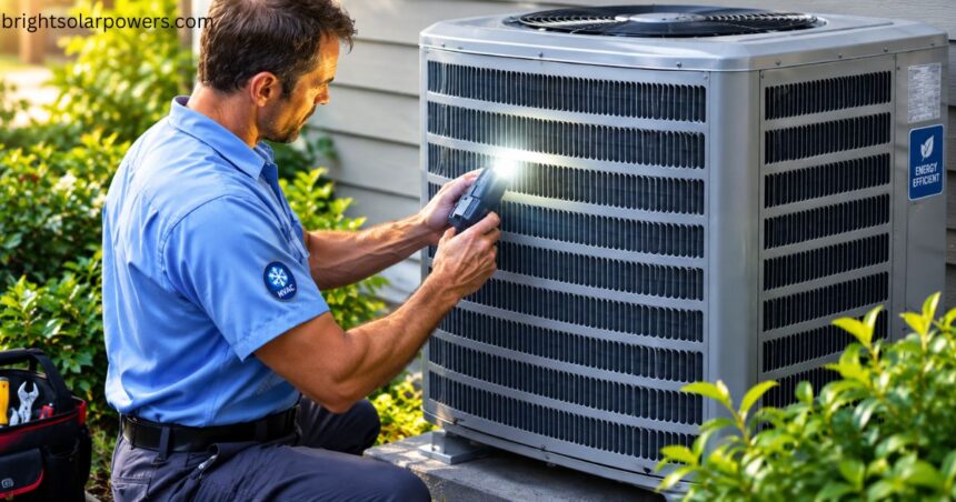 Solar air conditioner price with technician inspecting an energy-efficient outdoor AC unit.