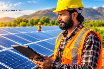 Solar power companies in India with engineer inspecting solar panels at a solar energy site.