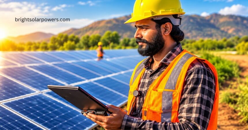 Solar power companies in India with engineer inspecting solar panels at a solar energy site.