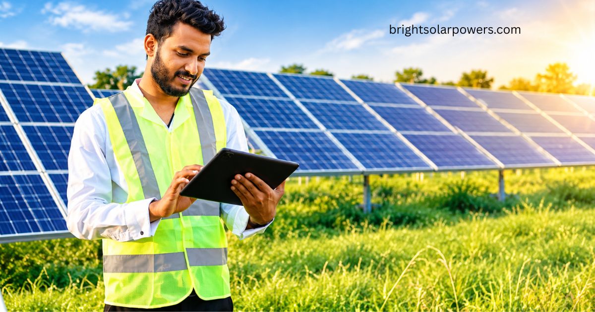 Solar power companies in India with engineer inspecting a large solar panel installation.